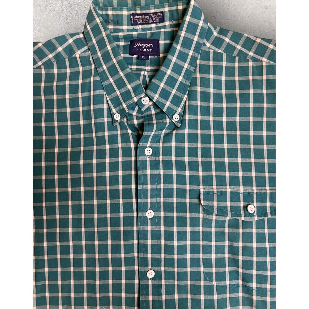 VINTAGE 60's Gant Hugger Shirt Mens XL Short Sleeve Shirt Button Up Green White